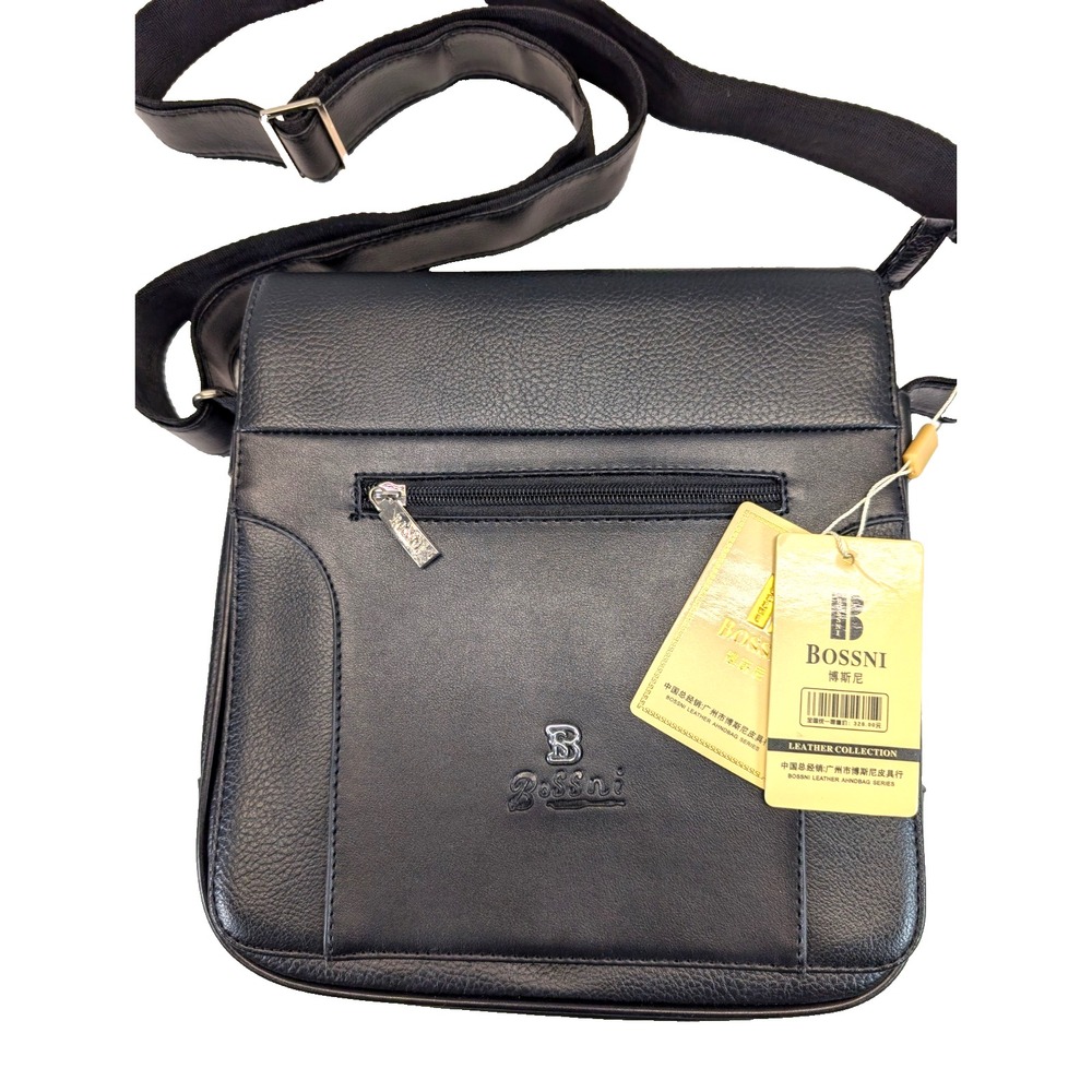 BOSSNI Leather Black Crossbody Handbag Zip Adjustable Strap Pockets NEW